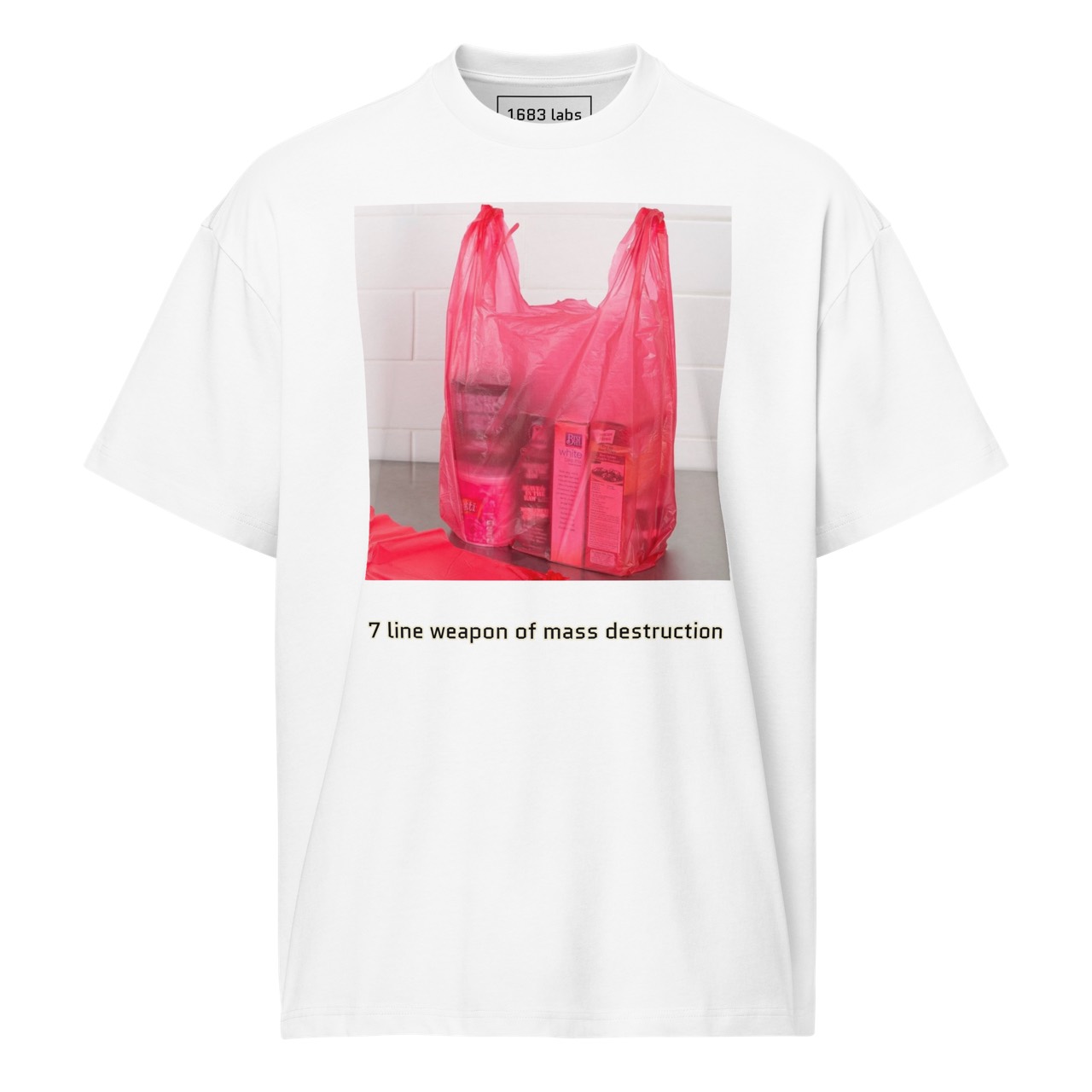 White 1683 Labs tee featuring a red grocery bag