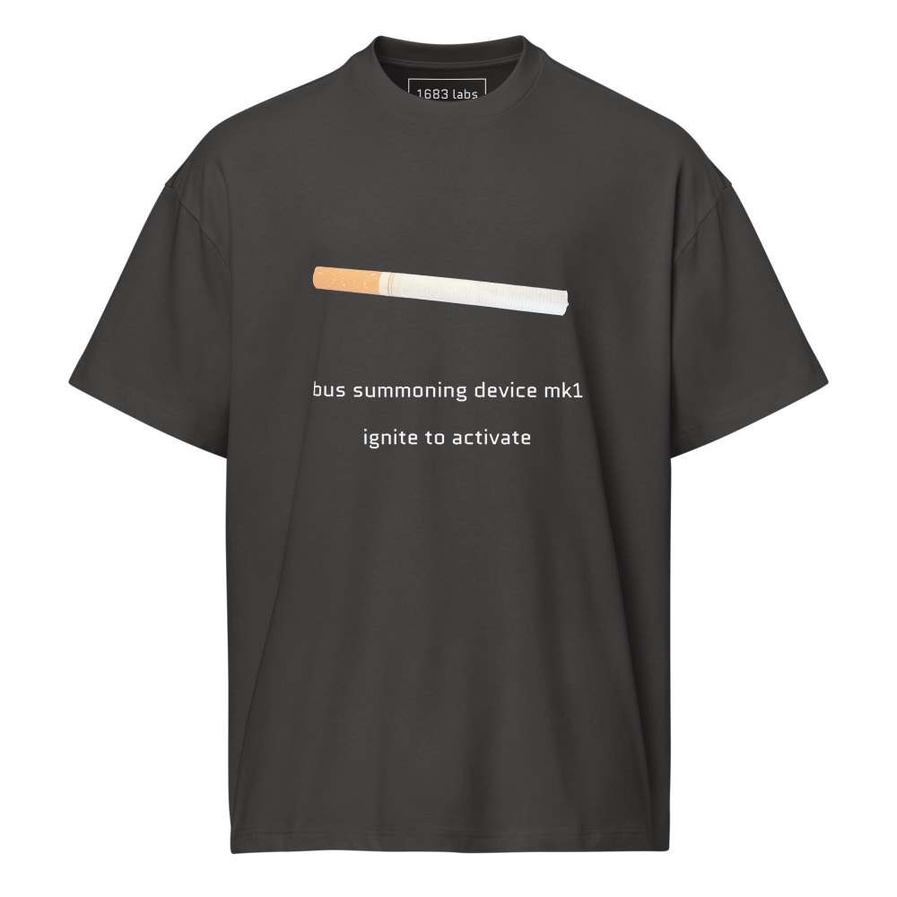 Black 1683 Labs tee featuring the Bus Summoning Device MK1 design
