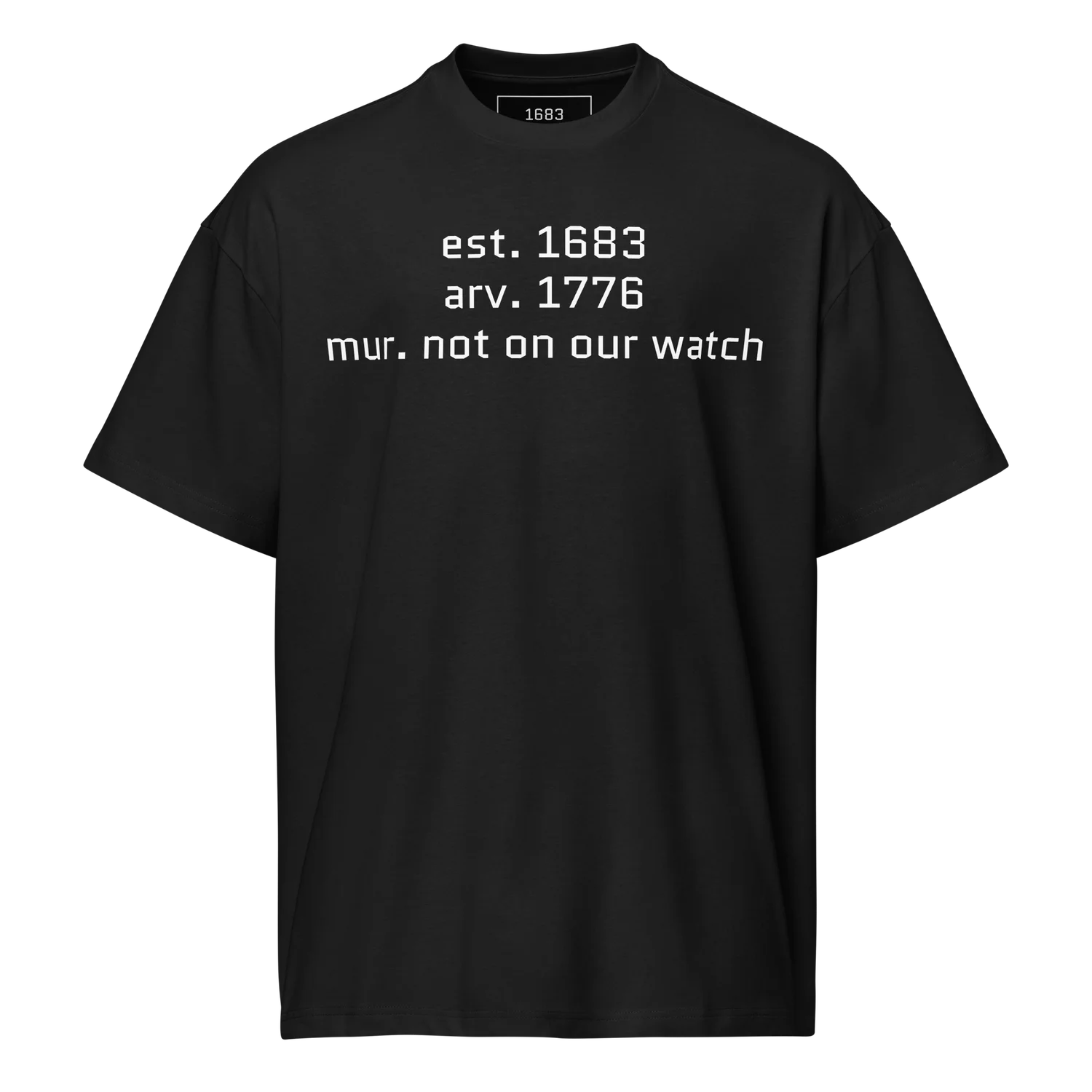 Black vote.2026 tee with white est. 1683, arv. 1776, and mur. not on our watch chest print